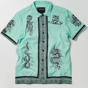 Reason Brand Men's Luca Graphic Button Down Short Sleeve Green Size M BA-2748